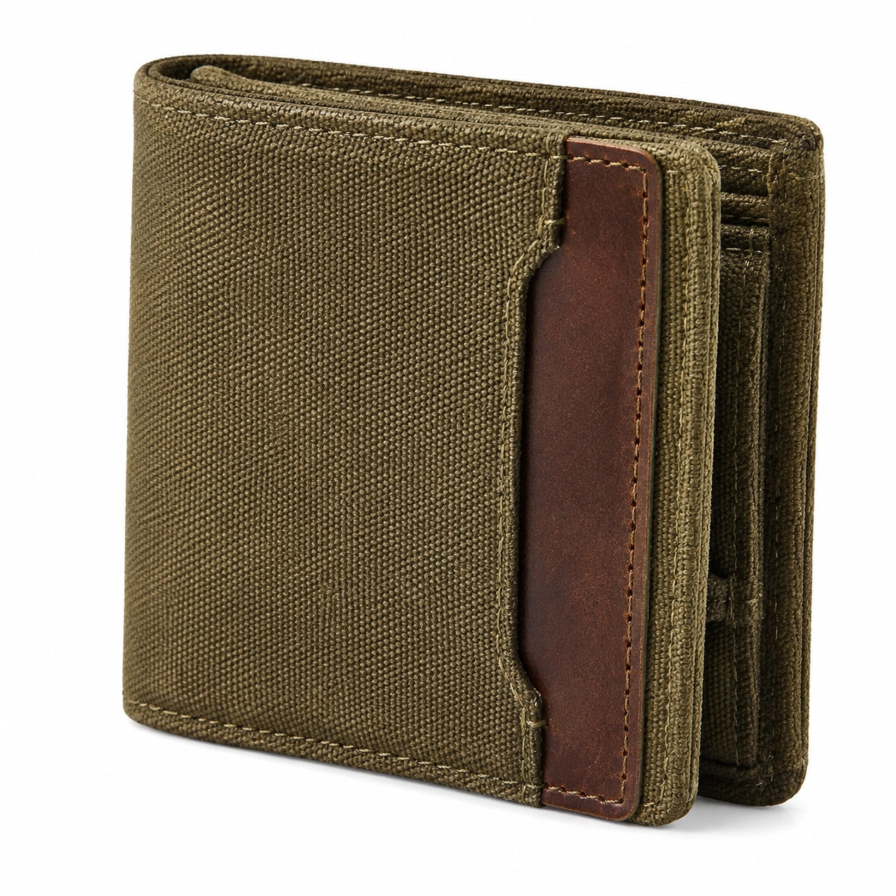 Portefeuille pliant 11 x 9.5 x 2 cm en toile kaki à empiècement aspect cuir style utilitaire