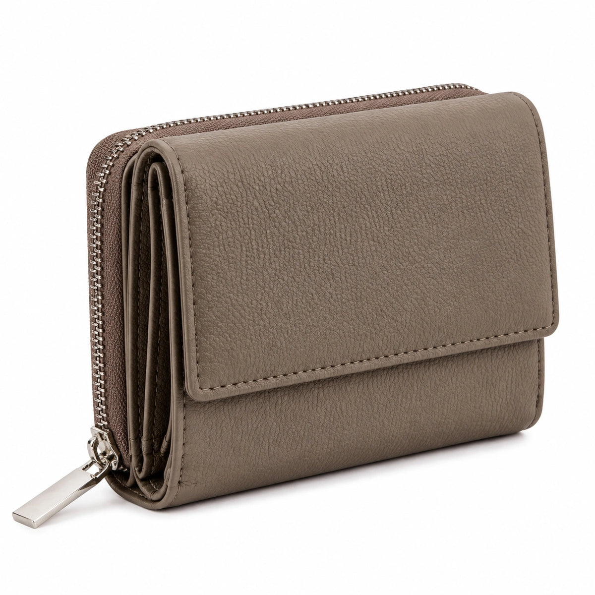 Portefeuille 12 x 9 x 3 cm en matière synthétique taupe à rabat et fermeture zippée