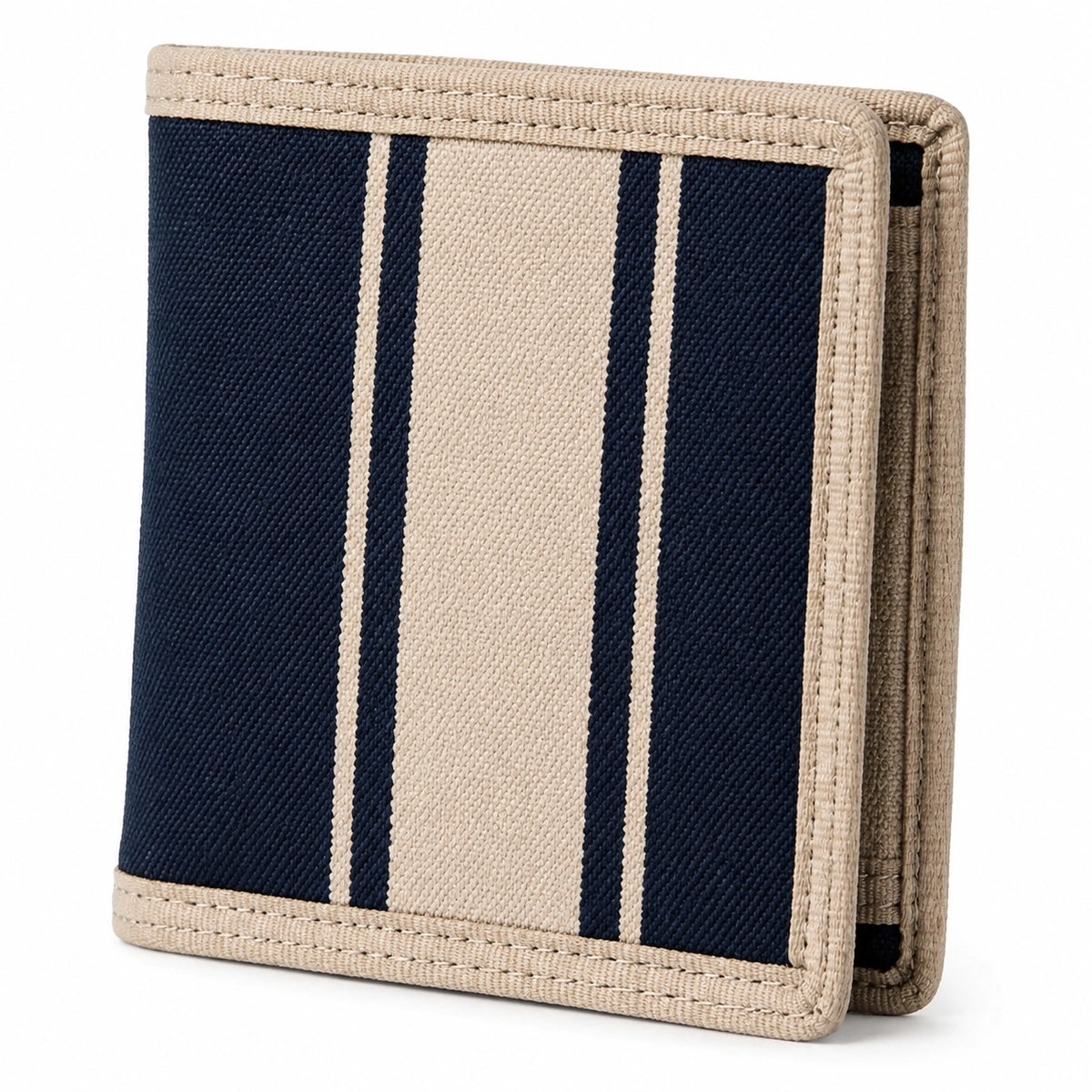 Portefeuille pliant 11 x 9 x 2 cm en textile bleu marine et beige à rayures