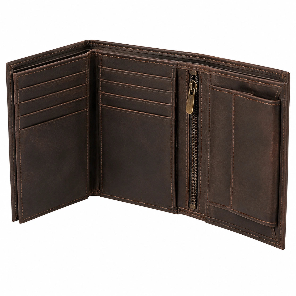 Portefeuille homme 12 x 9.5 x 2.5 cm en cuir brun foncé avec porte-cartes et poche zippée