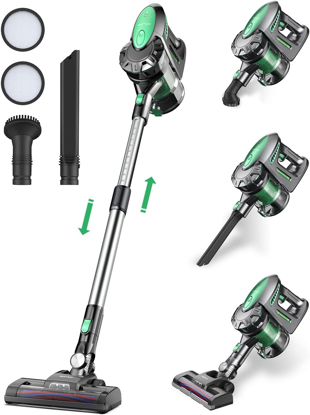 Aspirateurs balais et balais électriques Vactidy – 20 kPa | Noir/Argent/Vert, Aspirateur sans fil – aspirateur sans fil avec batterie amovible