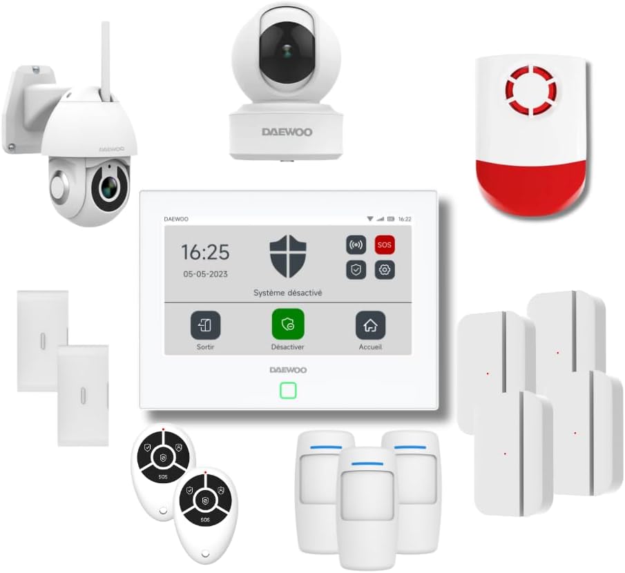Alarmes maison Daewoo – Blanc/Rouge/Noir | Pack Alarme AM371, WiFi/GSM – Centrale à écran Tactile 7'' | 12 Accessoires