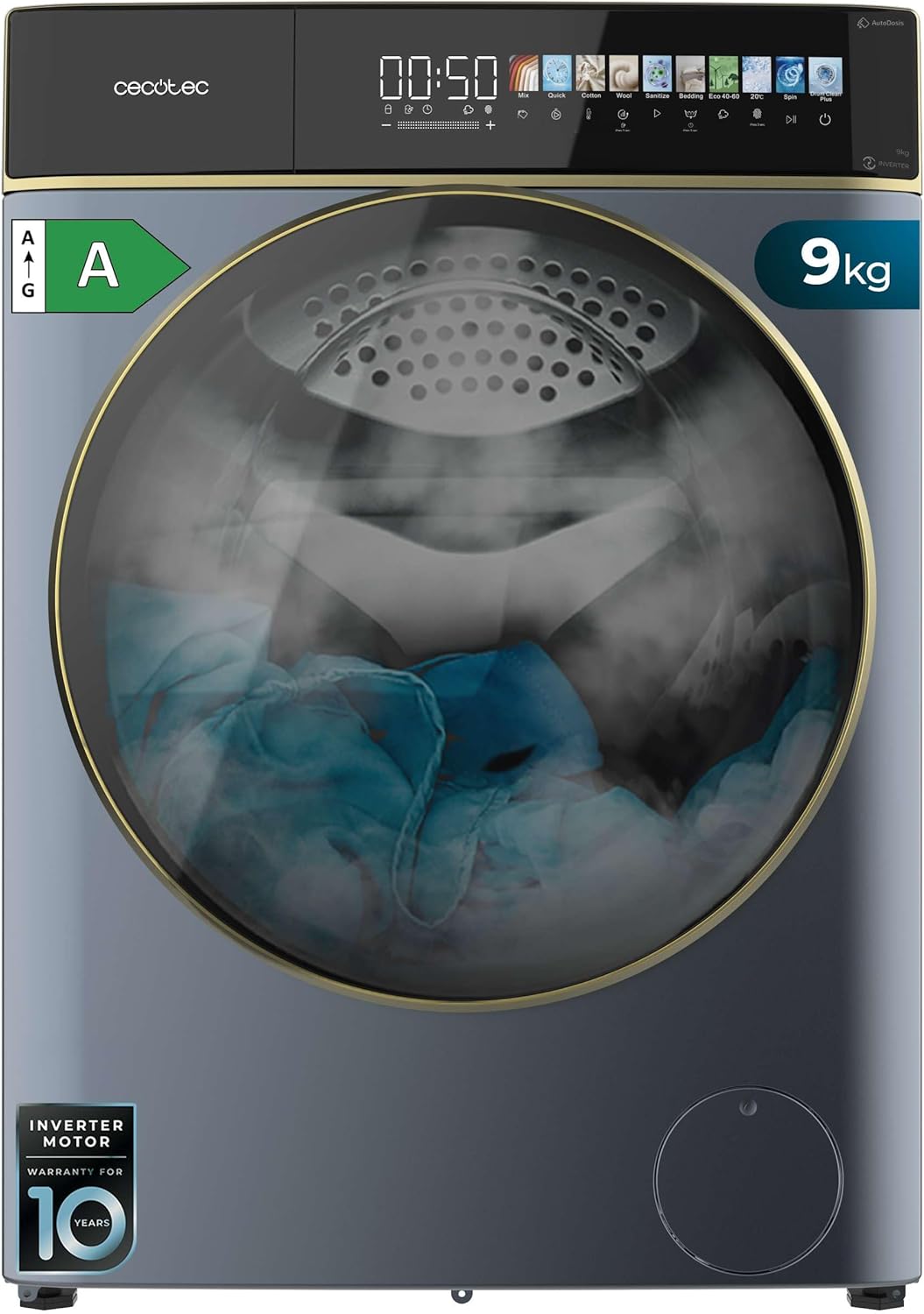 Cecotec lave-linge, machine à laver – 9Kg | 1400 Tr/min, Bleu – Écran 10 | Inverter, SteamMax – Classe A