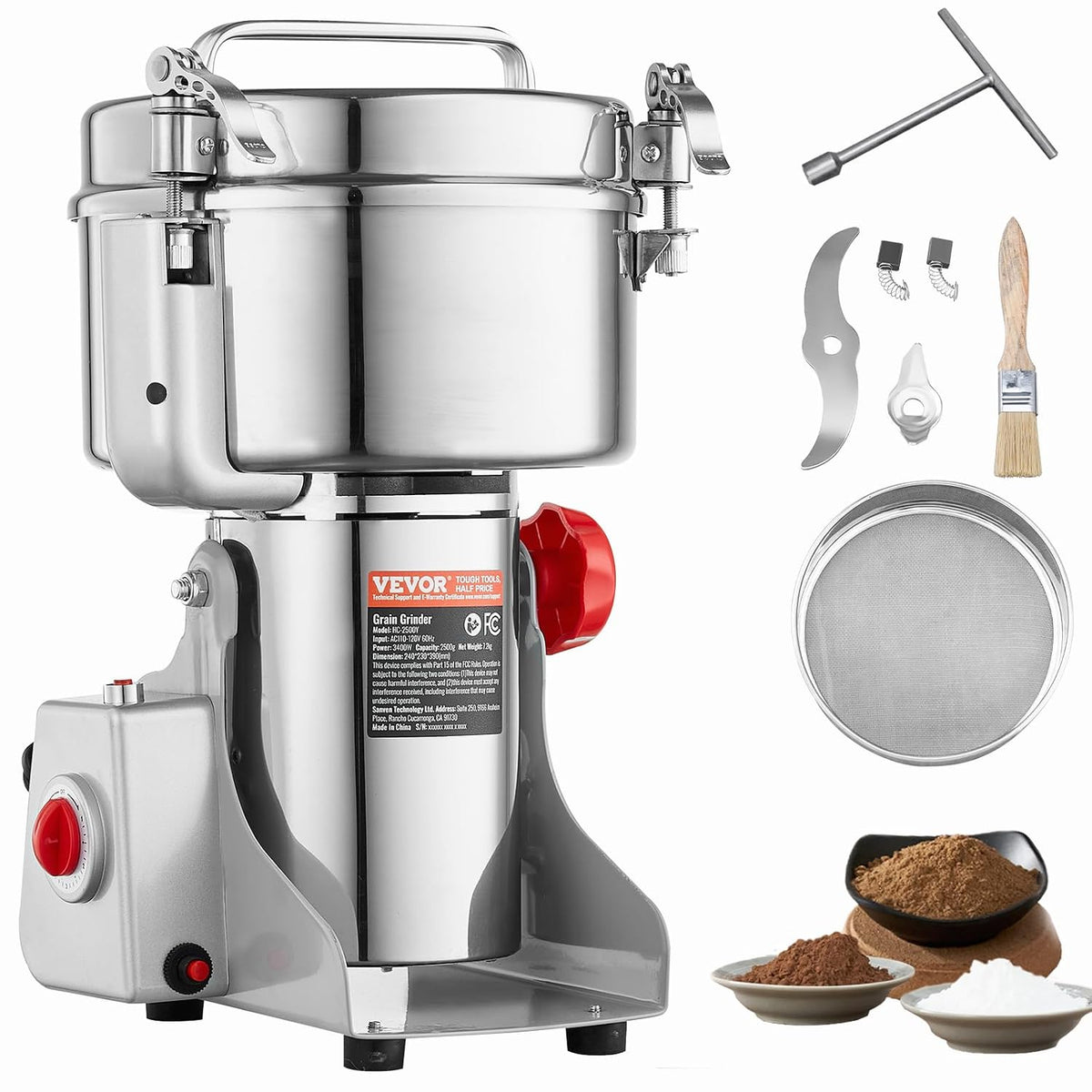 broyeur VEVOR – 3400 W | 2500 g, Argent/Rouge – Moulin à Épices Électrique | à Grains Commercial à Haute Vitesse