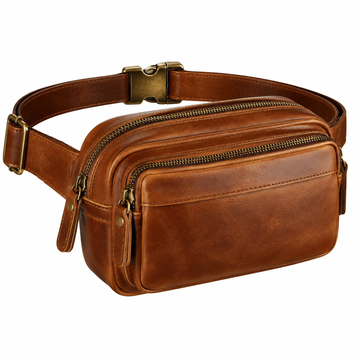 Sac banane 23 x 6 x 14 cm en cuir marron à compartiments zippés
