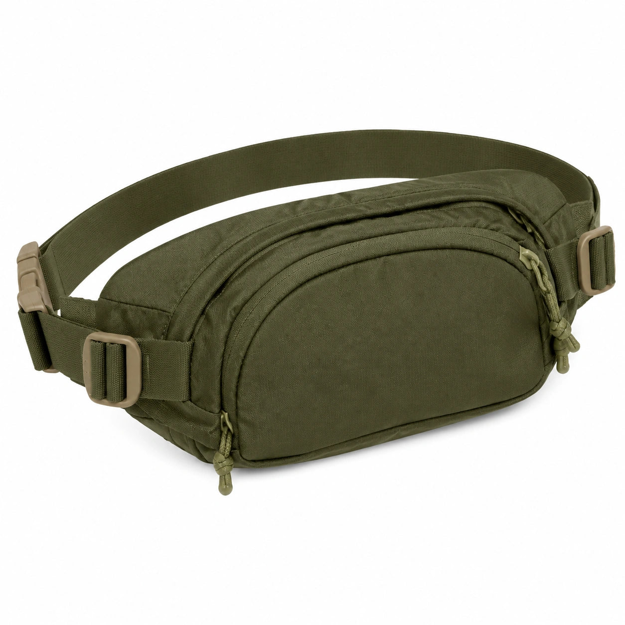 Sac banane 30 cm en tissu synthétique vert olive à compartiments zippés