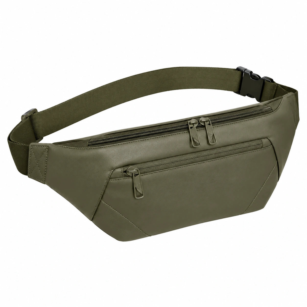 Sac banane 34 cm en similicuir vert kaki à poches zippées