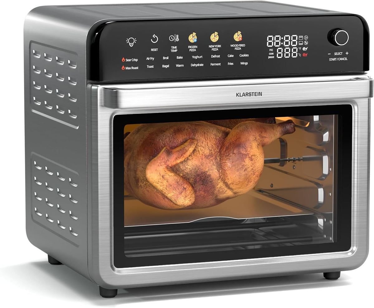 friteuse à air chaud KLARSTEIN | air fryer, 34 L – 2200 W | Noir/Argent, AirGlaze Friteuse Sans Huile – 19 Programmes | Rôtisserie
