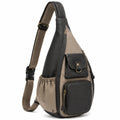 Sac bandoulière 20 x 10 x 35 cm noir et beige en textile et similicuir avec poches multiples