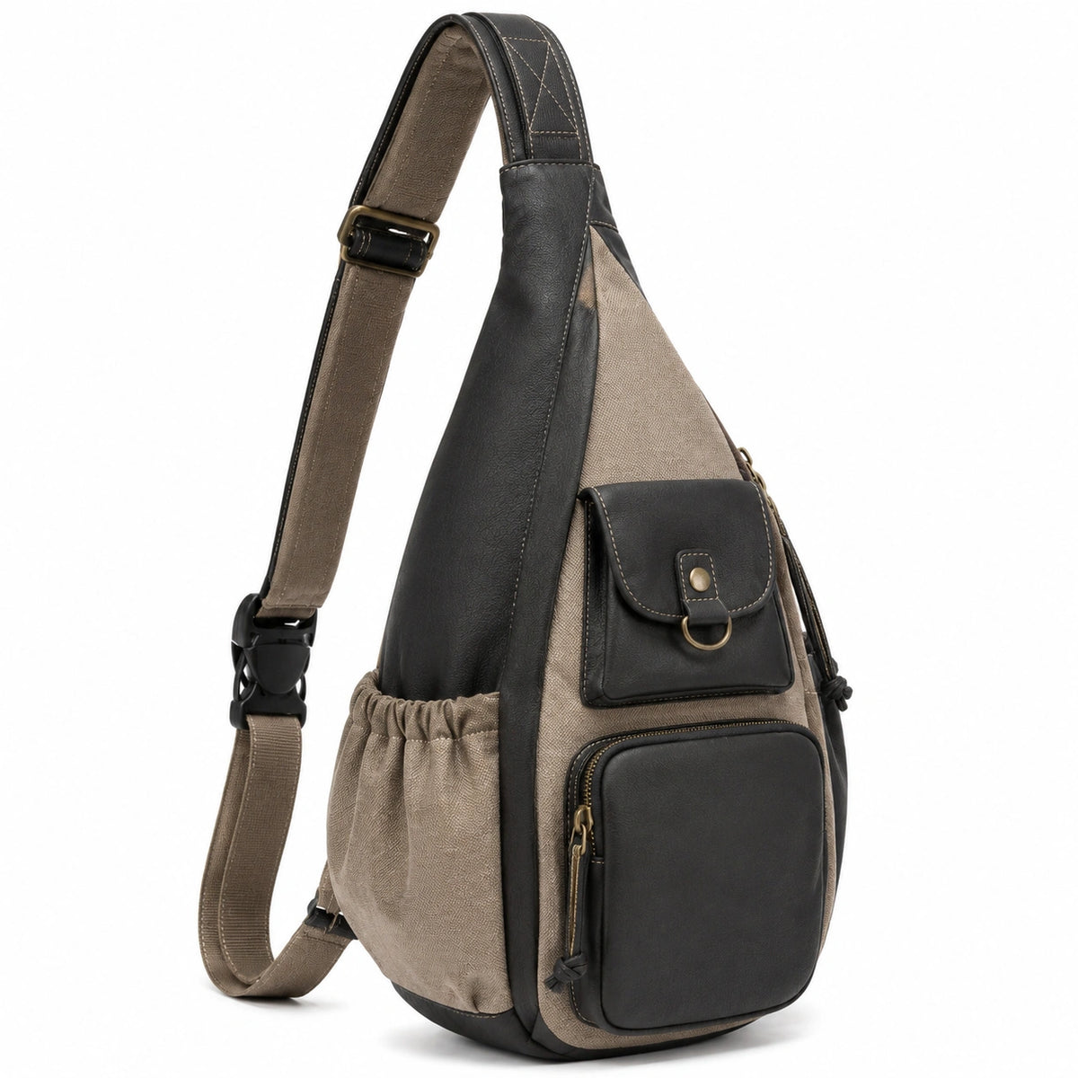 Sac bandoulière 20 x 10 x 35 cm noir et beige en textile et similicuir avec poches multiples