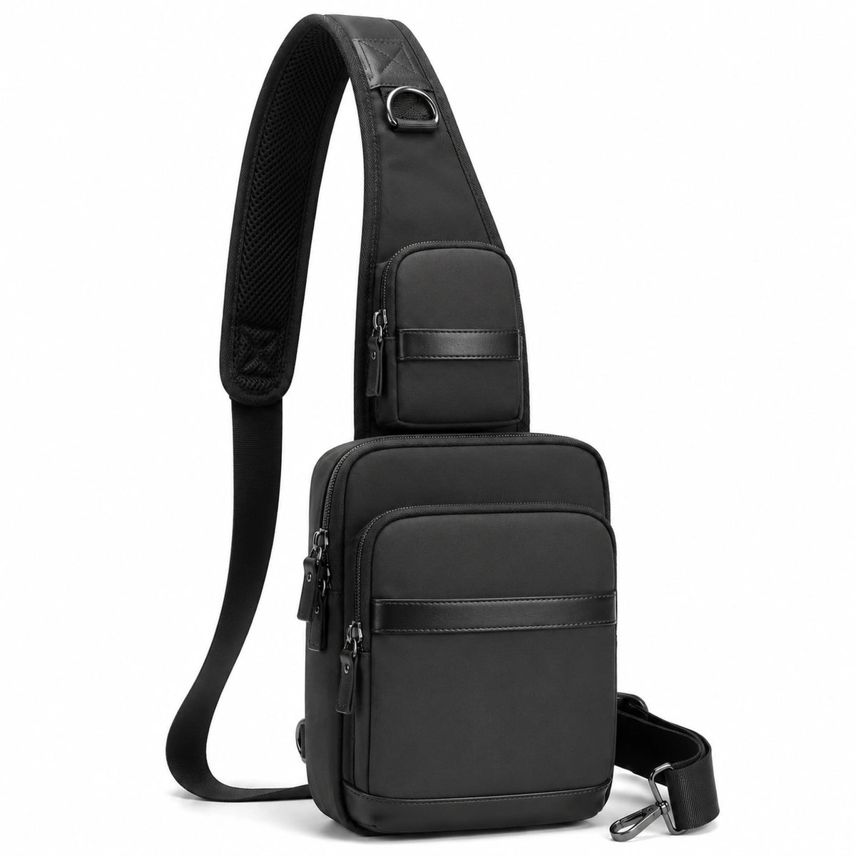 Sac bandoulière 18 x 8 x 31 cm en cuir synthétique noir à compartiments zippés