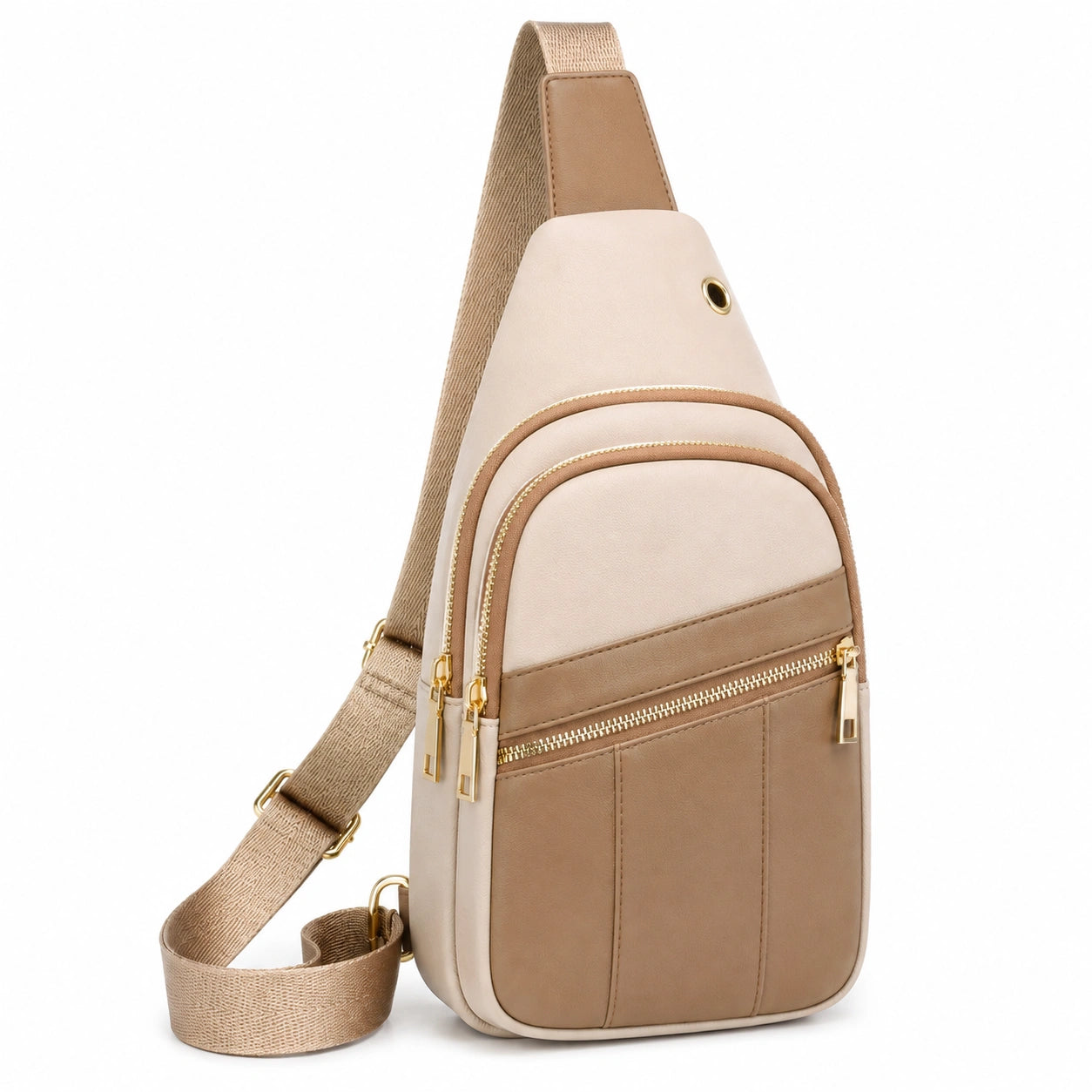 Sac à bandoulière 18 x 8 x 31 cm beige et taupe en matière synthétique style urbain à poches zippées