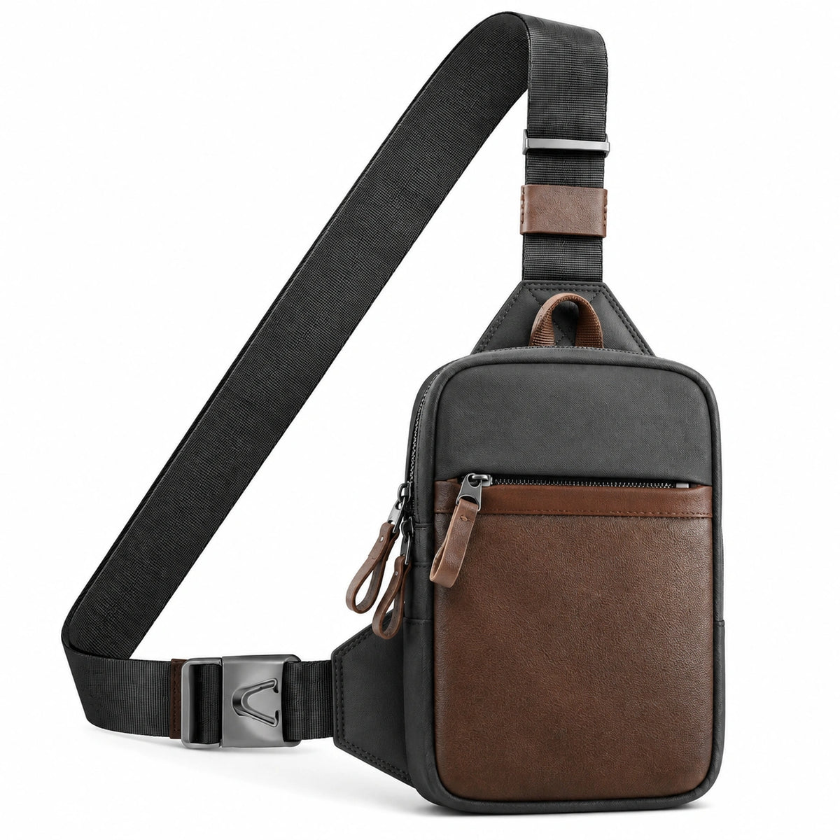 Sac bandoulière 18 x 8 x 30 cm en similicuir noir marron pour usage quotidien à poches zippées