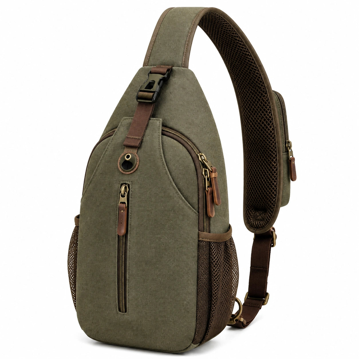 Sac à dos bandoulière 18 x 10 x 32 cm en toile vert kaki avec poches zippées