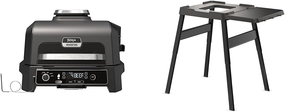 fumoir NINJA – Noir | Woodfire Barbecue électrique et Pro XL avec thermomètre, Barbecue et Air Fryer & Woodfire Table d'appoint