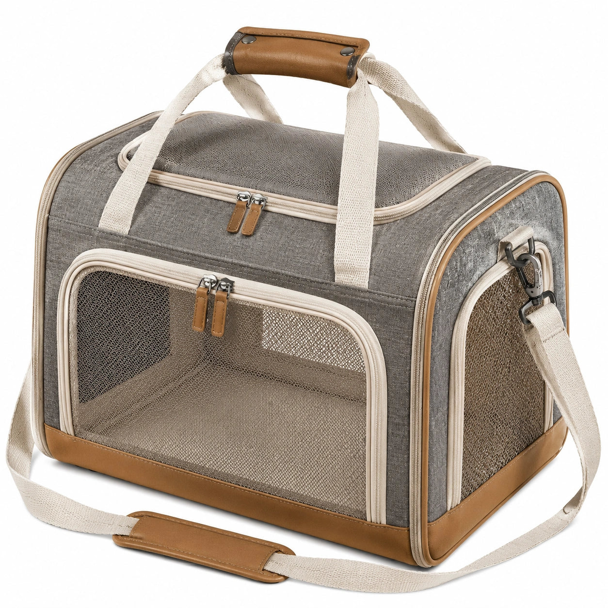 Sac de transport pour animal 45 x 30 x 32 cm gris marron en textile avec panneaux en maille