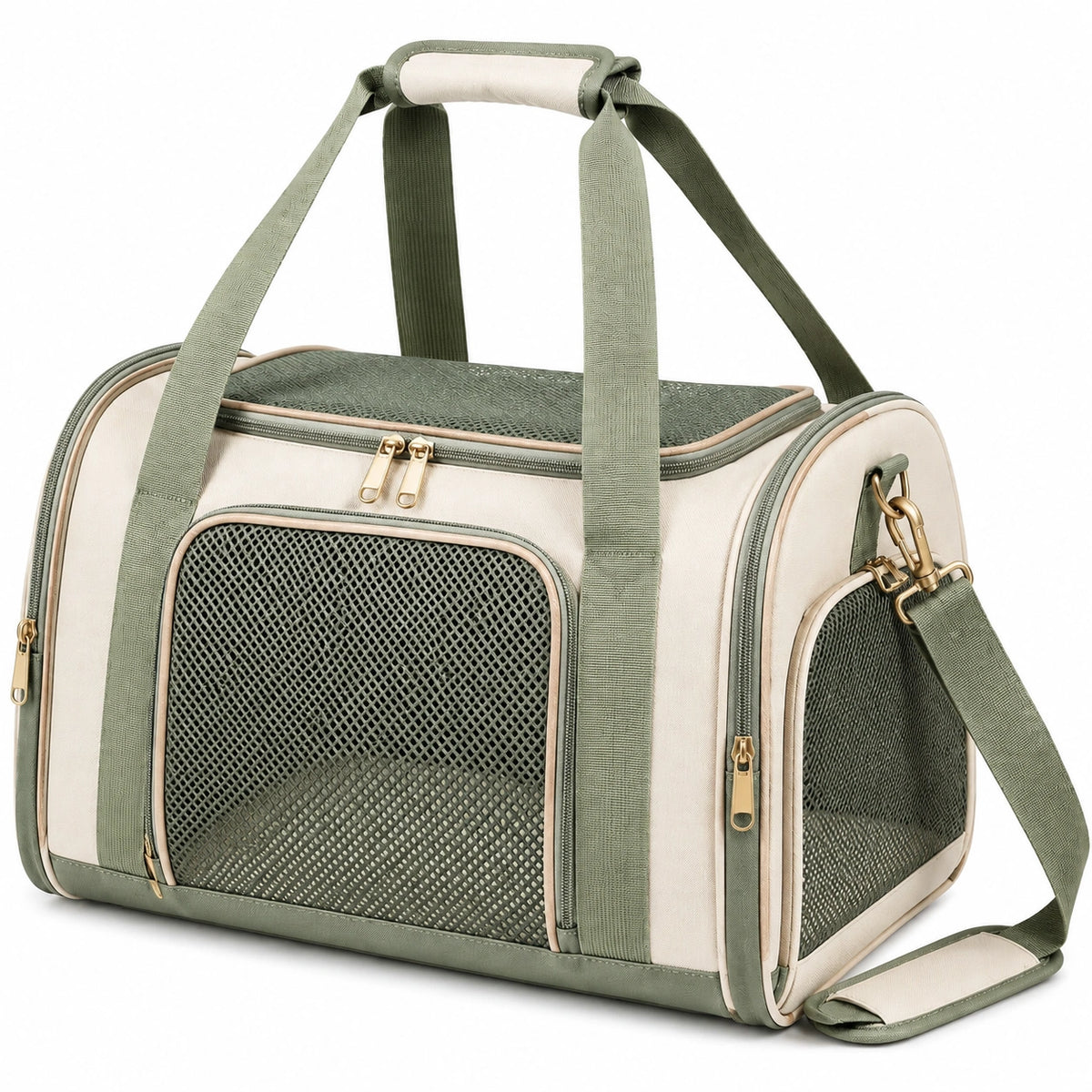 Sac de transport pour animaux 45 x 28 x 30 cm en tissu beige et vert avec panneaux en maille
