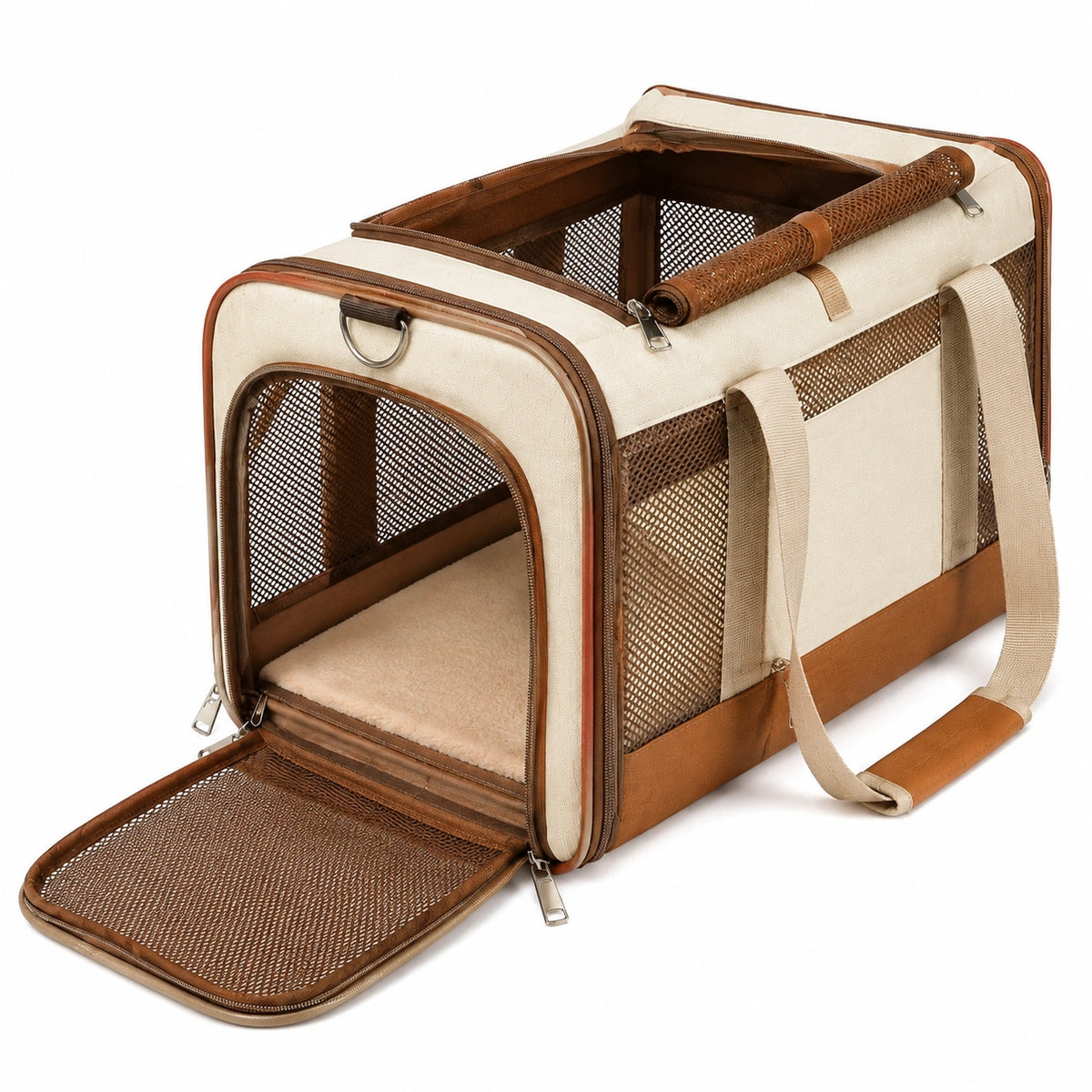 Sac de transport pour animaux 45 x 30 x 30 cm beige et marron en textile avec maille respirante pliable