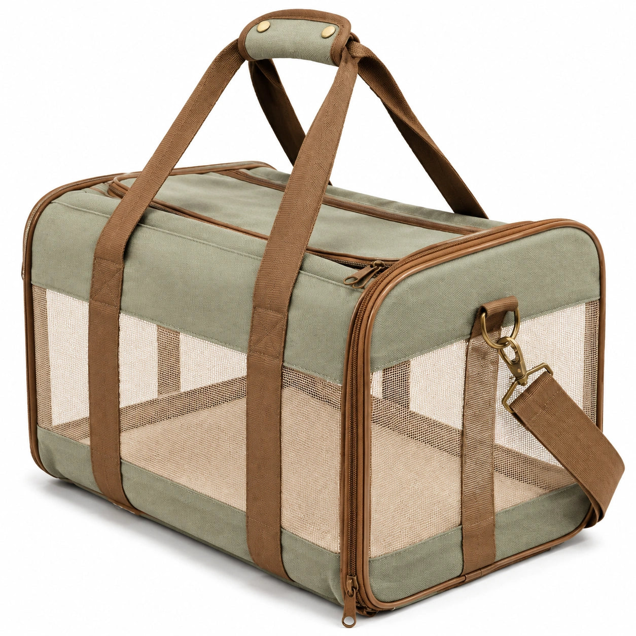 Sac de transport pour animaux 45 x 28 x 30 cm en tissu vert avec panneaux en maille et bandoulière