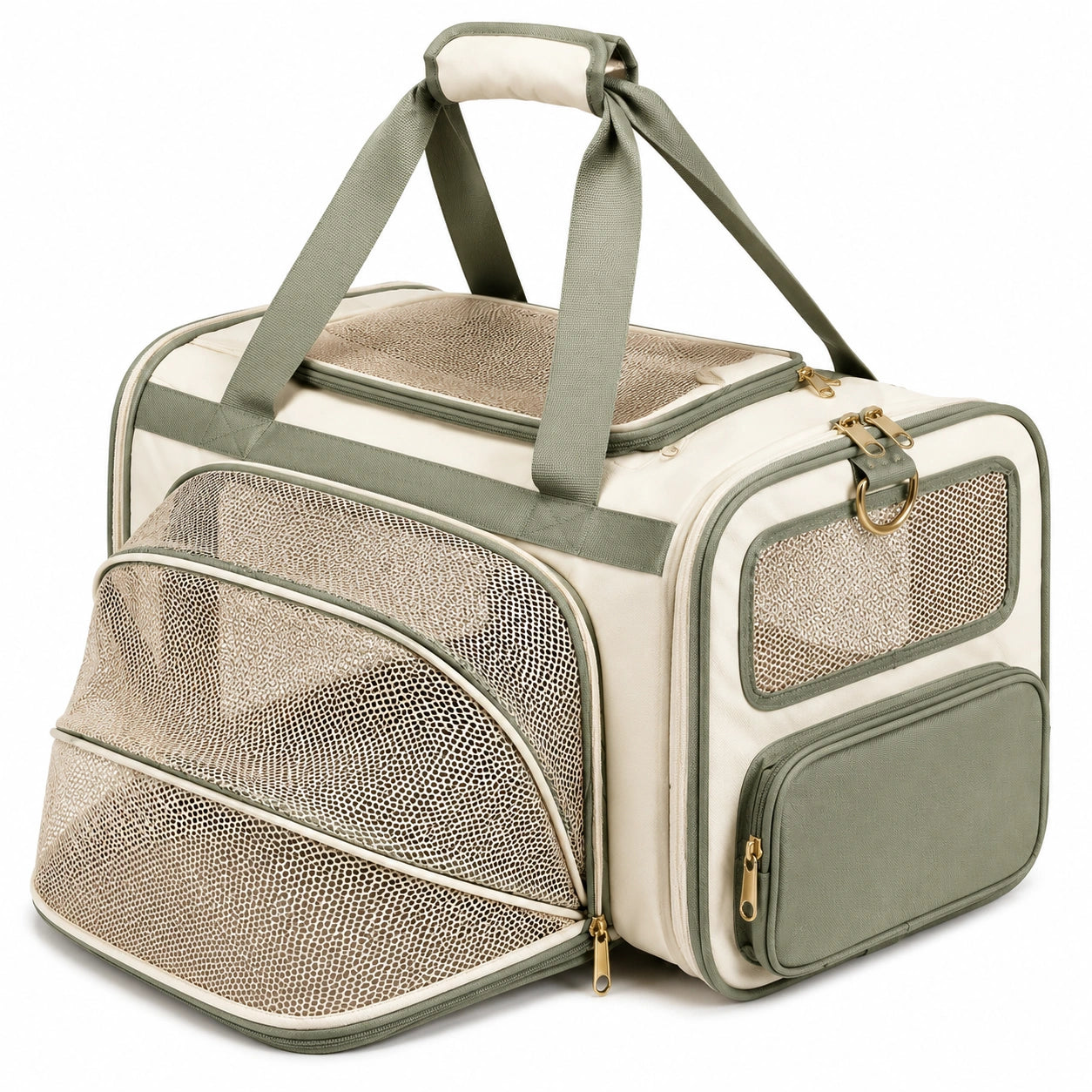 Sac de transport pour animaux 45 x 28 x 30 cm en polyester beige et vert avec panneaux en maille