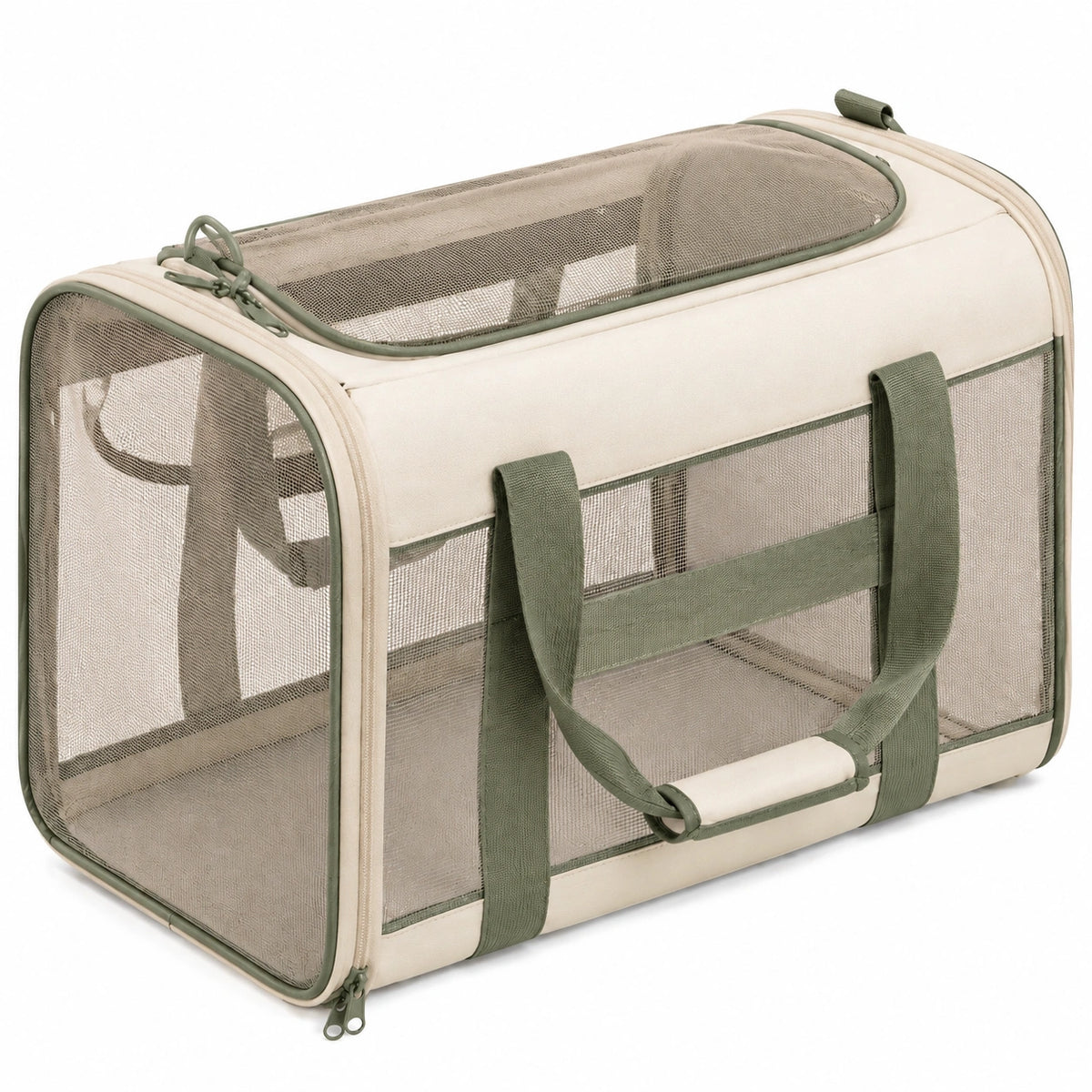 Sac de transport pour animal 45 x 28 x 28 cm en textile beige et vert - pliable et aéré