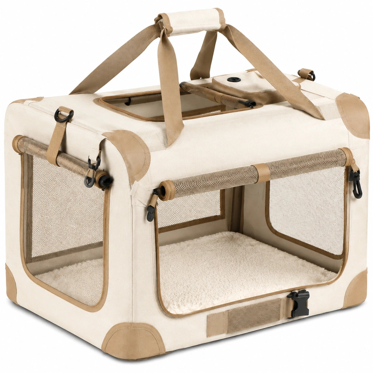 Caisse de transport pliable pour animaux 60 x 42 x 42 cm en tissu beige avec panneaux en maille