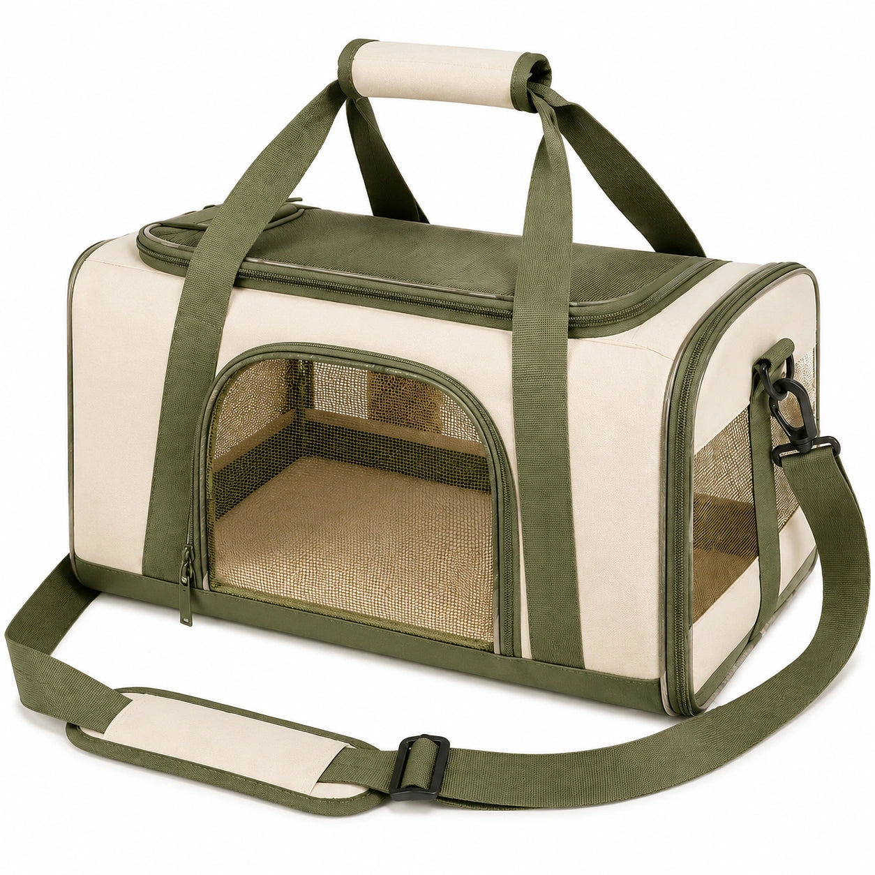 Sac de transport pour animal 45 x 28 x 28 cm en textile beige/vert avec maille respirante