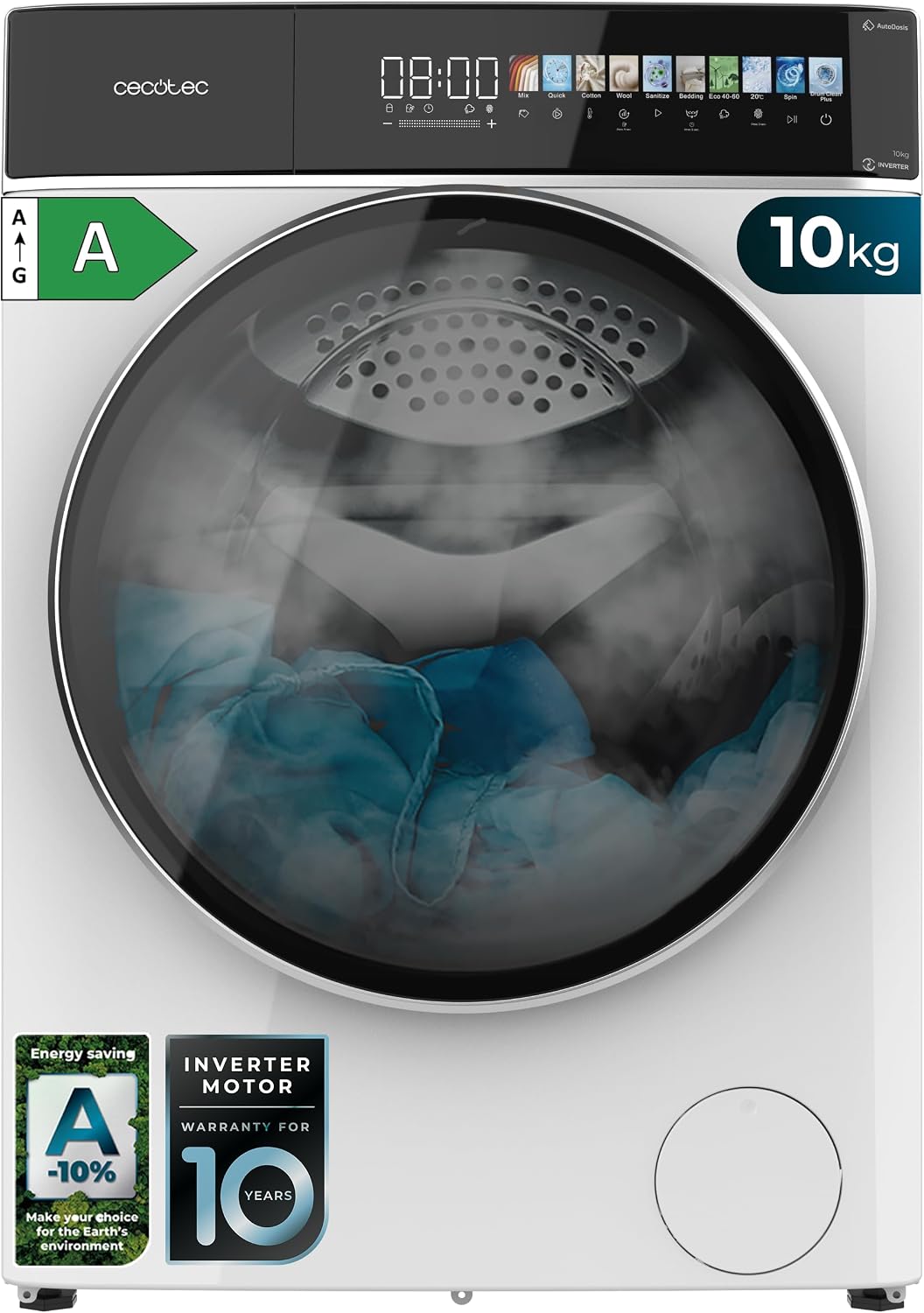 Cecotec lave-linge, machine à laver – 10 kg | Blanc/Noir, Lave linge Frontal Bolero DressCode 10900 Autodose Inverter FullColor A