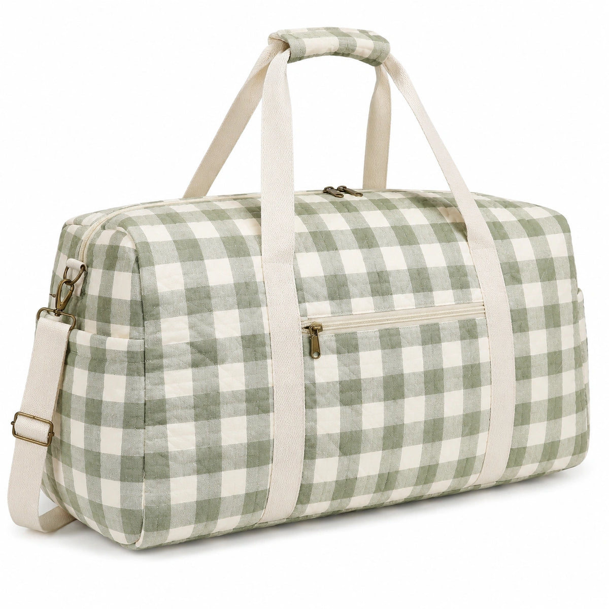 Sac de voyage 45 cm en tissu matelassé vert et blanc à carreaux avec bandoulière réglable