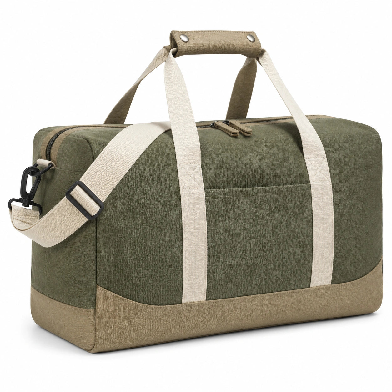 Sac de voyage 45 x 25 x 30 cm en toile vert kaki et beige avec bandoulière réglable