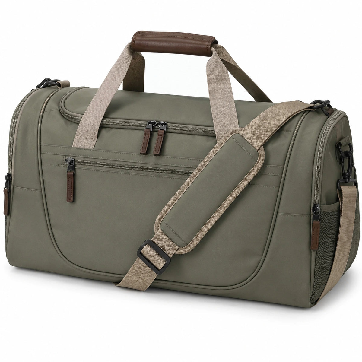 Sac de voyage 50 x 25 x 28 cm en tissu vert kaki avec bandoulière réglable et poches zippées