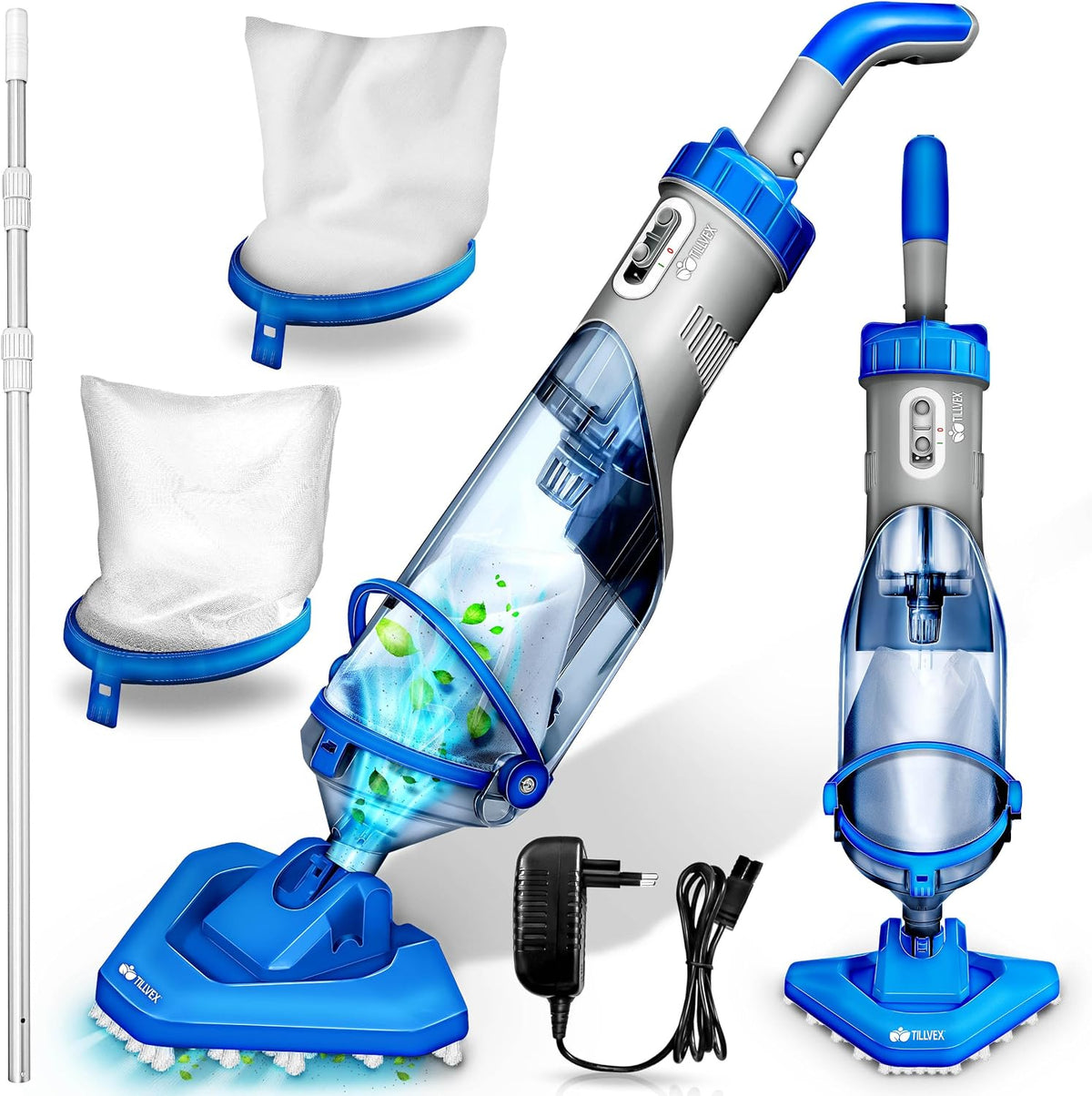Aspirateurs manuels pour piscine tillvex – Bleu/Gris | Aspirateur de Piscine avec Batterie & Manche télescopique + Filtre