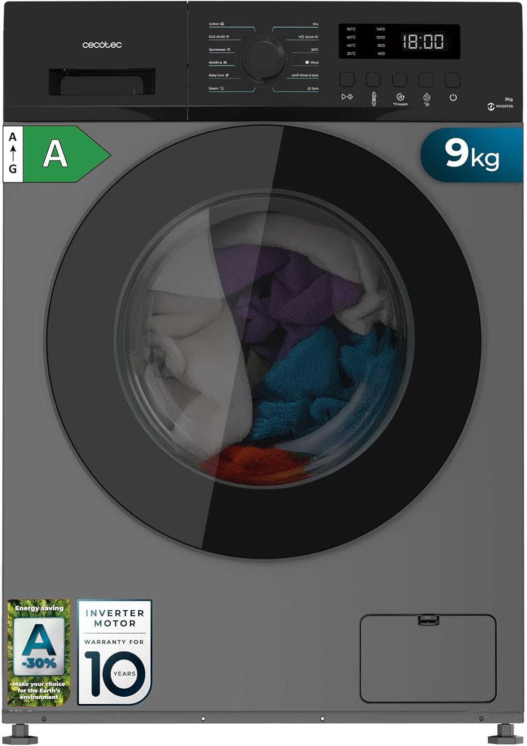 lave-linge Cecotec | machine à laver, 9Kg – 1400 RPM | Gris/Noir, Chargement Frontal Bolero DressCode 9155 Inverter Steel Classe A-30%