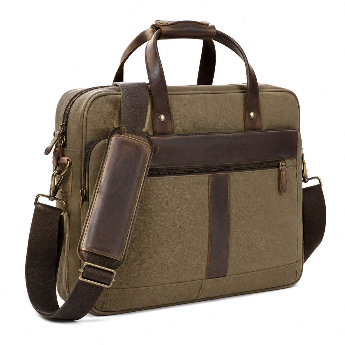 Sacoche ordinateur portable 40 cm en toile kaki et marron avec bandoulière réglable