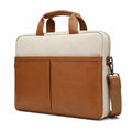 Sacoche pour ordinateur portable 15.6 pouces en textile beige et similicuir marron à bandoulière