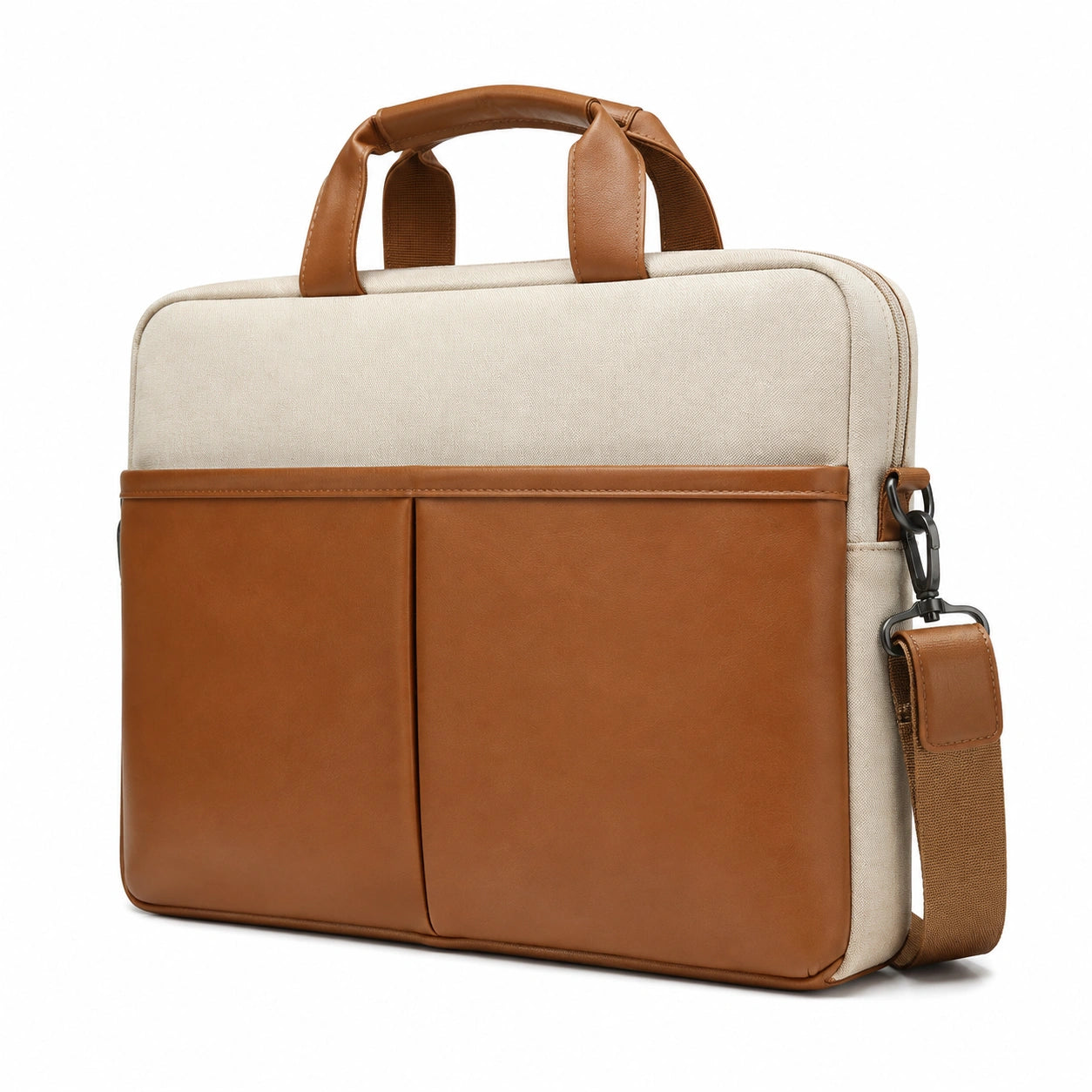 Sacoche pour ordinateur portable 15.6 pouces en textile beige et similicuir marron à bandoulière