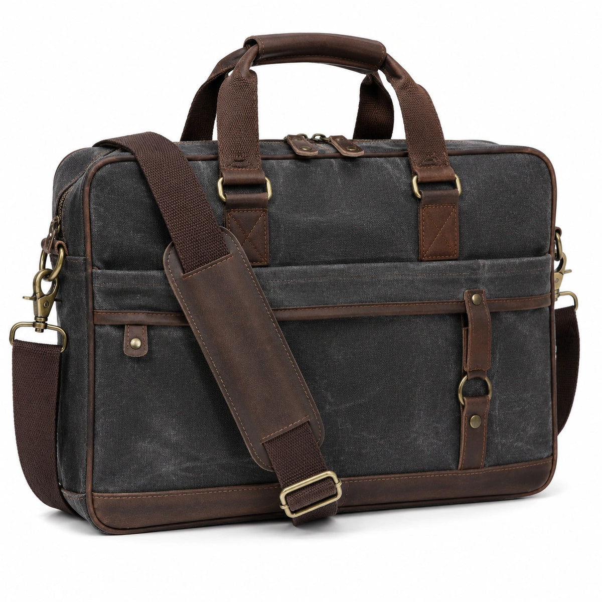 Sacoche ordinateur 42 cm en toile gris foncé et similicuir marron avec bandoulière réglable