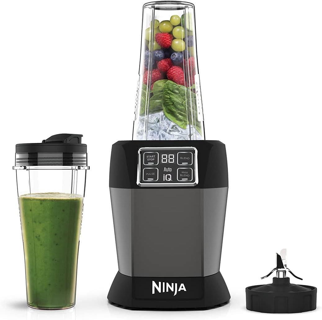 blender NINJA – 000 W | 700 ml, Noir/Argenté – Mixeur avec Auto-iQ 1 | 2 tasses, BN495UK