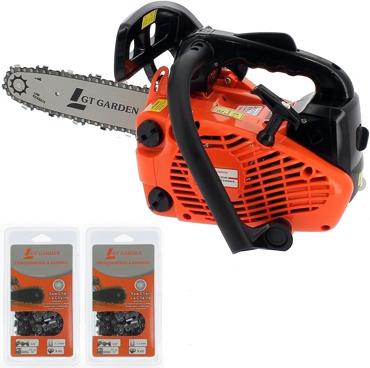 tronçonneuse GT Garden – 26 cm | Orange/Noir, élagueuse thermique 25 cm3 – 2 chaînes