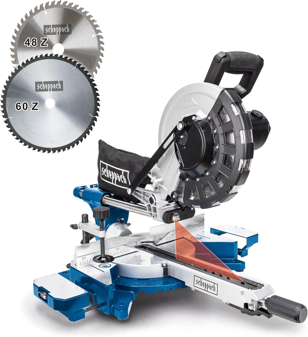 Scheppach Outillage électroportatif, 2000 W – 255 mm | 340 mm, 90 mm – Argent/Noir/Bleu | Scie à onglets avec démarrage progressif & laser HM254