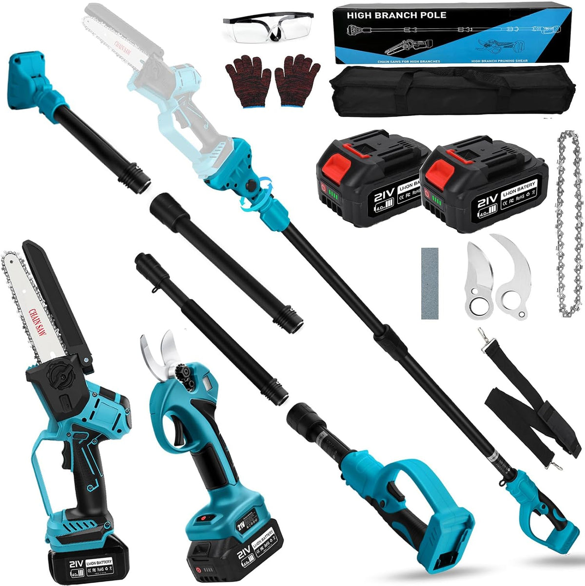 panthem tronçonneuse, 2 x 4000 m – 6 Pouces | 45 mm, Noir/Bleu – 4 en 1 Perche Élagueuse Télescopique Électrique