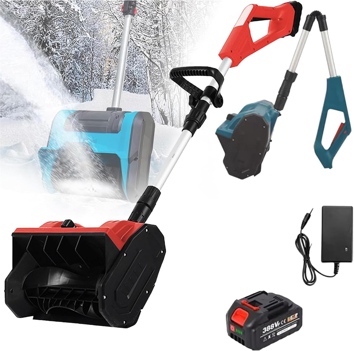 fraise à neige WaaYb – 33 cm | Rouge/Noir/Bleu, Souffleuse à Neige électrique – Pelle de déneigement alimentée par Batterie