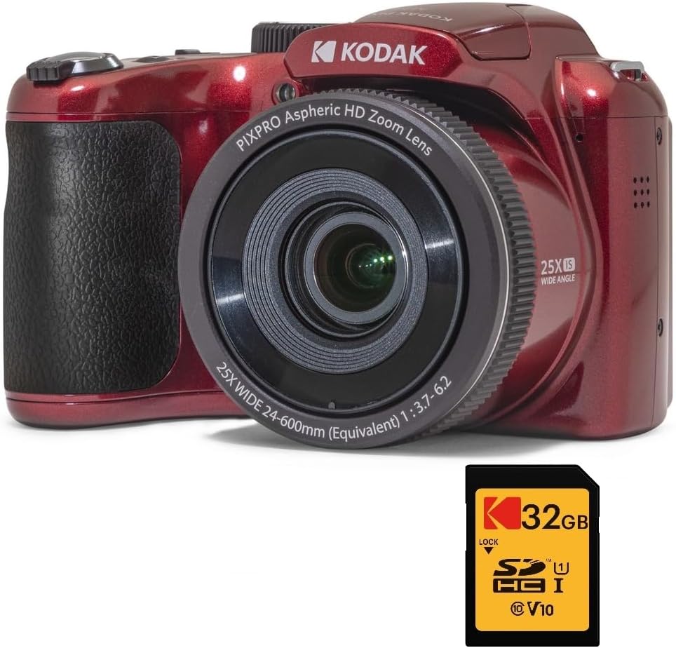 Compacts et bridges KODAK – 24 mm | Rouge, Zoom 25X – Video HD 1080p | Grand angle, Ecran LCD 3 – Pile AA