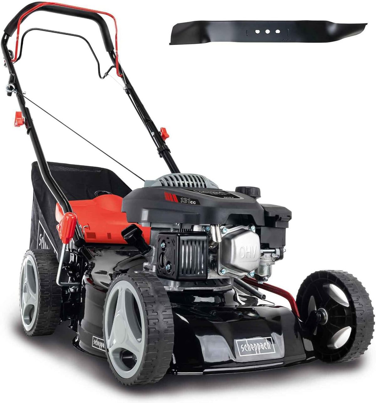 tondeuse à gazon Scheppach – 42 cm | 45 L, 75 mm – Noir/Rouge/Gris | Thermique MS132-42, Largeur de Coupe – Fonction Mulching
