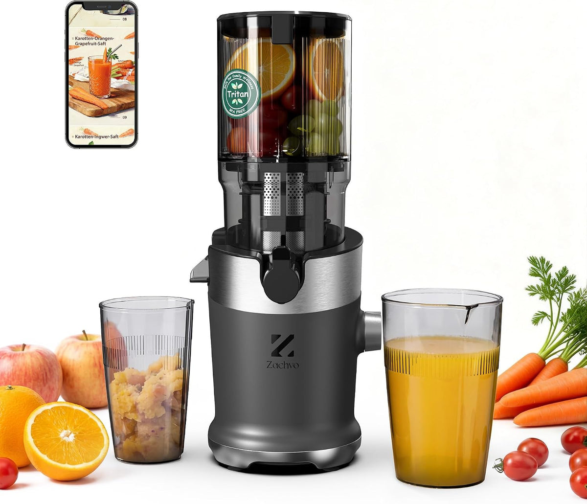 ZACHVO presse-agrumes, 130 mm – 220 W | Noir/Argent, extracteur de jus froid en Tritan – sans BPA | recettes de jus faciles à nettoyer