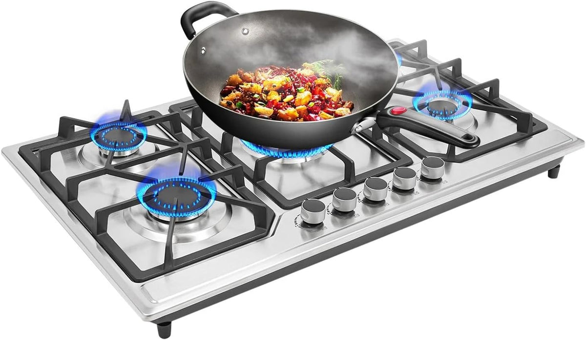 table de cuisson cunnyend – 58 x 50 cm | 8000 W, 58 cm – Argent/Noir | Plaque de cuisson à gaz 5 feux, encastrable
