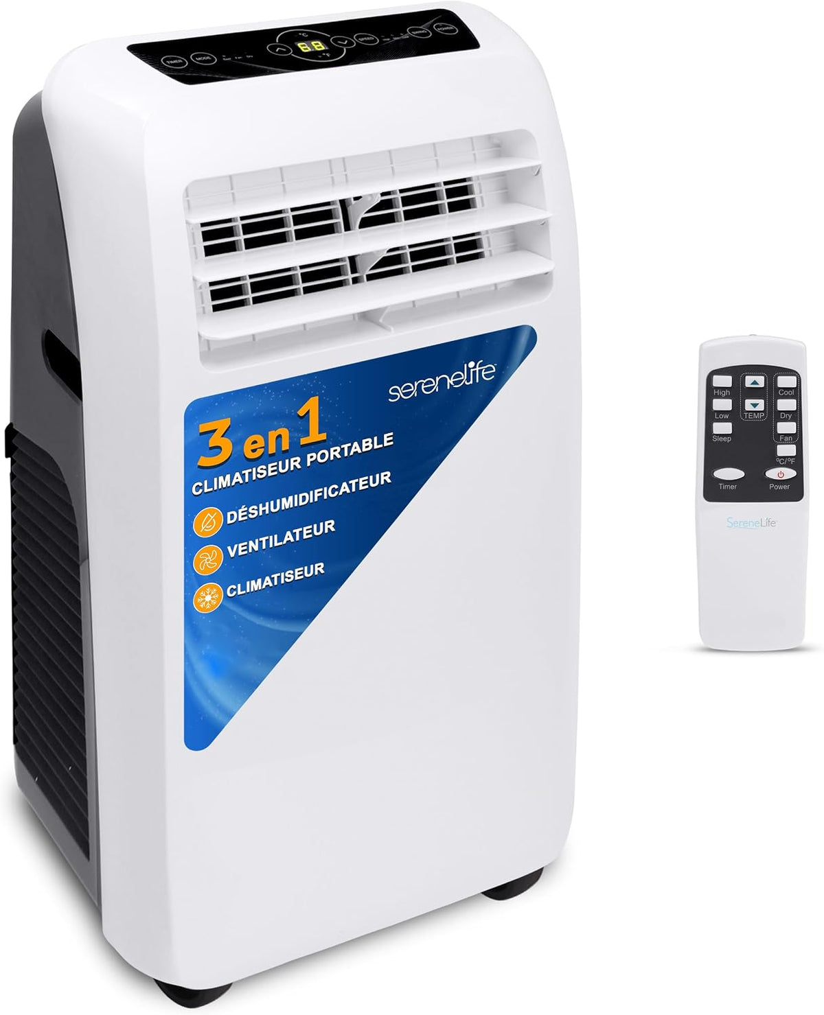 climatiseur portable SereneLife | 9000 BTU, Blanc/Noir – Climatiseur Mobile Silencieux | 3-en-1 avec Fonction Déshumidificateur Intégré
