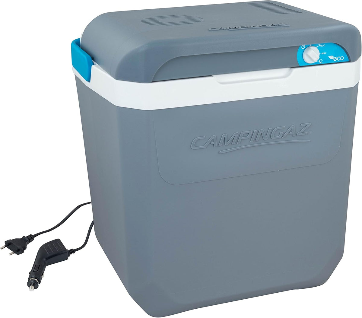glacière CAMPINGAZ | 28 L, 12 V – 1,5 L | 24 litres, Gris/Blanc/Bleu – Powerbox Plus | électrique, connexion – espace pour 8 bouteilles