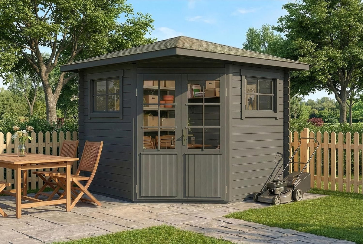 Pavillons d'été Alpholz – environ 12,2 m³ | 28 mm, 250 x 250 cm – Gris | Abri de jardin d'angle Sunny-B en bois massif (imprégnation)