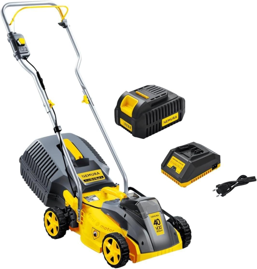 tondeuse à gazon Nemura – 40 V | 30 L, 32 cm – 4 Ah | Jaune/Noir/Gris
